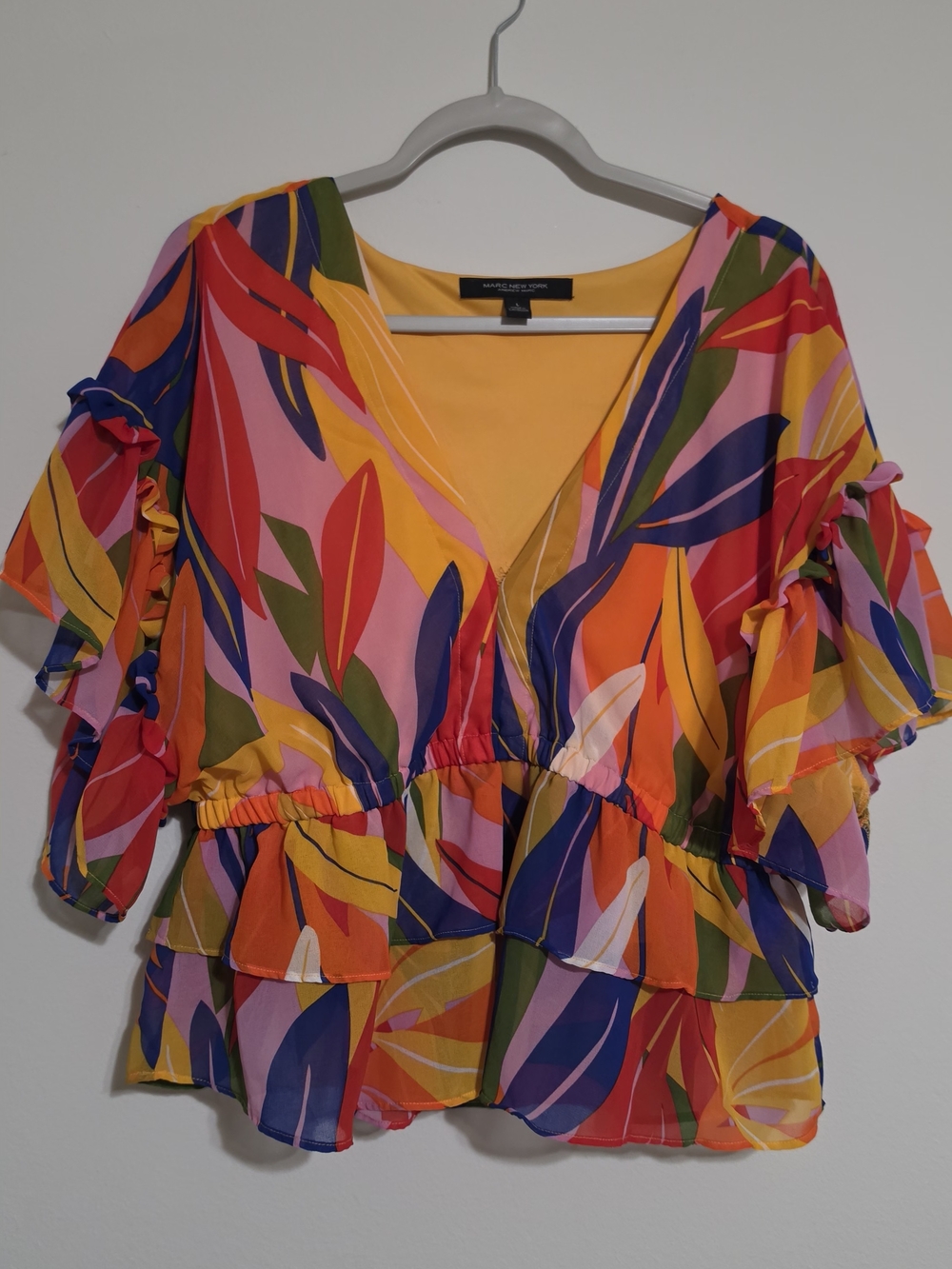 Bar III New York Colorful Tropical Print Ruffle Blouse